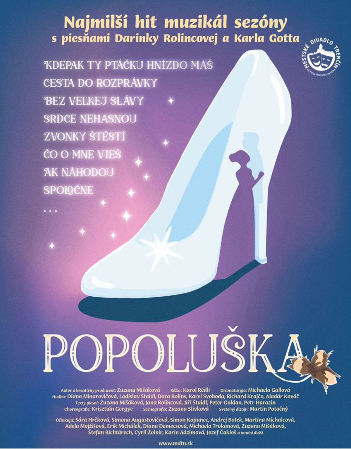 Plagát muzikálu Popoluška s motívom črievičky a názvom predstavenia